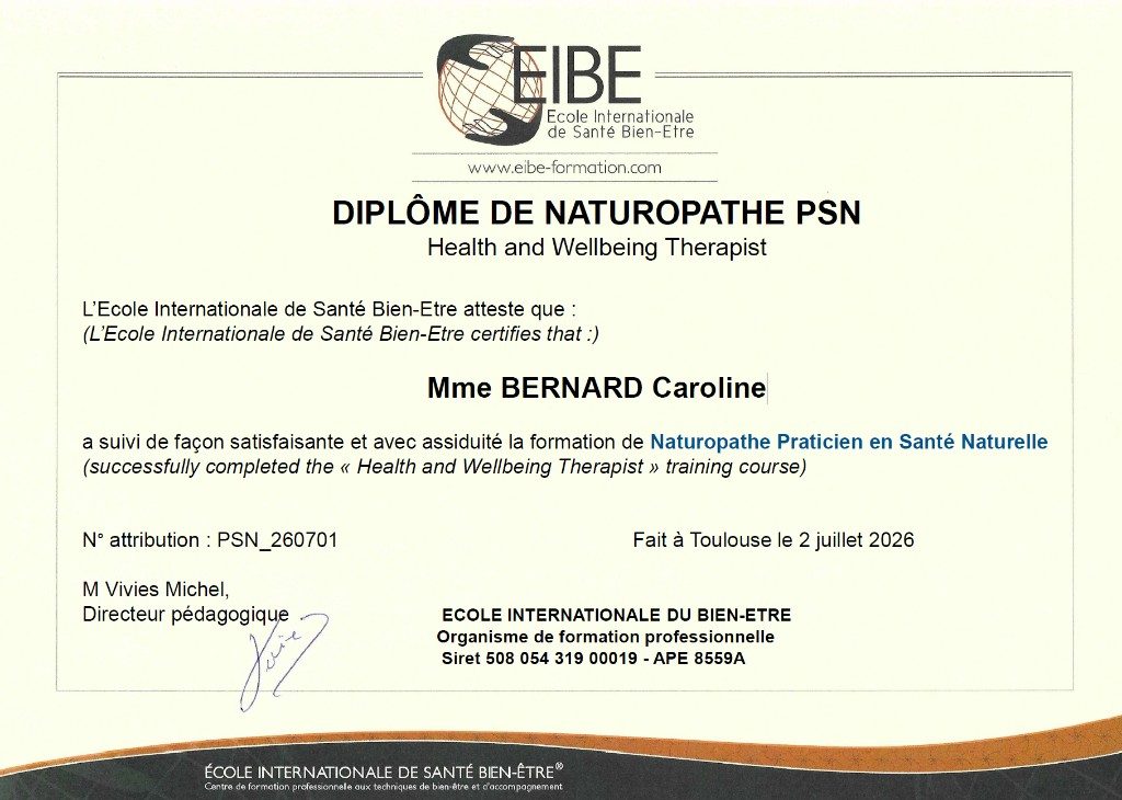 Diplôme de Praticienne en Santé Naturelle délivré par l'EIBE à Caroline Bernard, Toulouse, juillet 2026